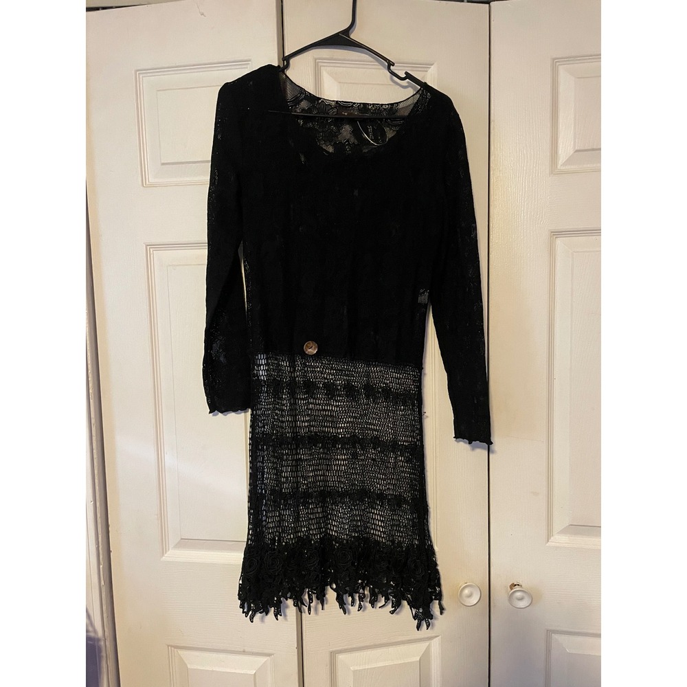 Surrealist Black Lace Crochet Mini Dress Long Sleeve Mixed Media Boho Goth 1